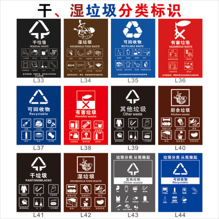 北京上海垃圾分类标识干垃圾湿垃圾标识可回收不可回收垃圾桶分类标示贴纸其他有害厨余垃圾箱提示警示贴标签
