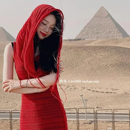 沙漠埃及敦煌度假写真服饰末世废土风透视镂空修身红色连帽连衣裙