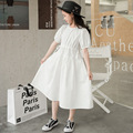 韩国女童夏季文艺范泡泡袖收腰短袖连衣裙中大童白色气质公主裙子