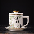 定制国潮羊脂玉茶杯陶瓷熊猫办公室马克杯过滤带盖茶水分离伴手礼