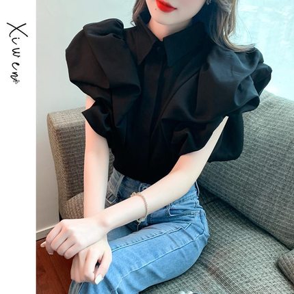 韩国短袖衬衫女2024新款夏季设计感小众法式高级感复古黑色泡泡袖