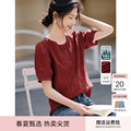 XWI/欣未蕾丝拼接泡泡袖衬衫女式夏季文艺复古刺绣设计感短袖上衣