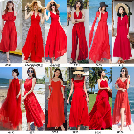 大红色波西米亚超仙沙滩长裙女夏海南三亚泰国海边度假吊带连衣裙