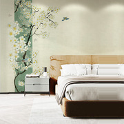 中式古典手绘意境淡雅垂枝花鸟沙发背景墙纸壁布卧室书房民宿壁画
