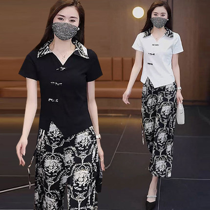 大码女装中国风休闲套装女2024夏季新款气质显瘦短袖+裤子两件套