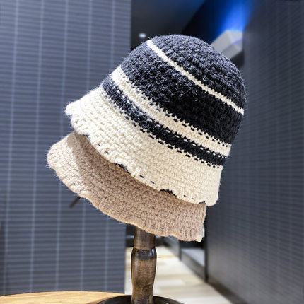 韩版撞色针织渔夫帽子女秋冬季保暖花边毛线帽时尚水桶帽日系盆帽