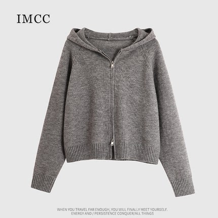 IMCC设计感小众纯色双拉链连帽毛衣内搭女冬加厚短款针织开衫外套