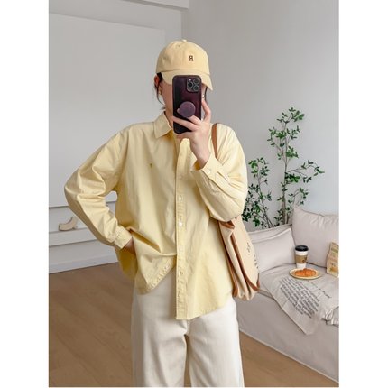 韩版奶黄色长袖衬衫女夏季薄款设计感宽松中长款防晒衬衣上衣ins