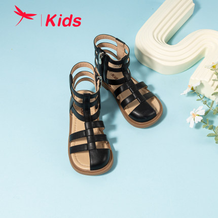 红蜻蜓女童鞋夏季新款罗马凉鞋英伦复古气质黑色沙滩鞋软底