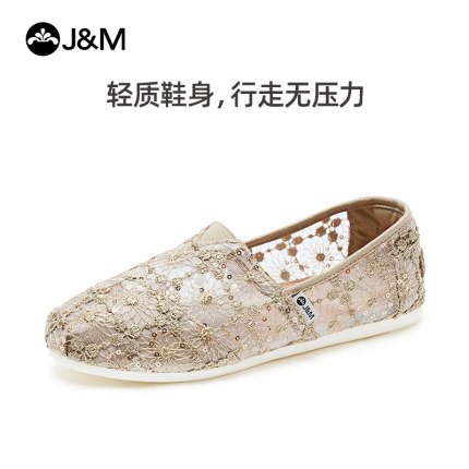 J&M/快乐玛丽夏季新款亮片平底懒人鞋镂空蕾丝一脚蹬透气女鞋202W