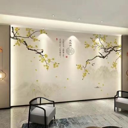 新中式花鸟电视背景墙大气现代网红壁纸家用客厅影视墙布装饰壁画