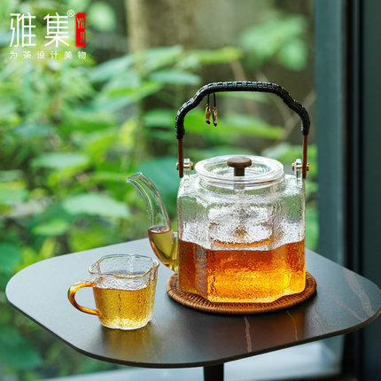雅集苏窗提梁壶玻璃茶壶透明煮茶壶锤纹复古原创提梁壶
