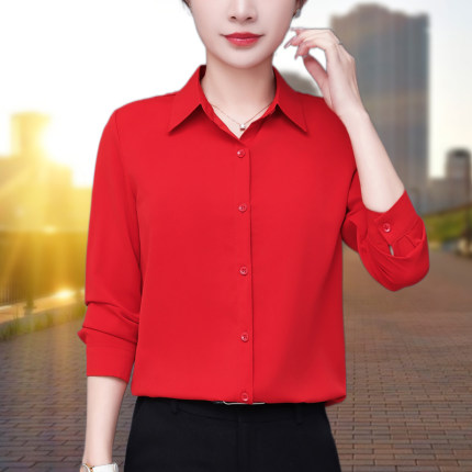 女士衬衫长袖2024春季新款妈妈雪纺衫显瘦上衣气质职业装红色衬衣