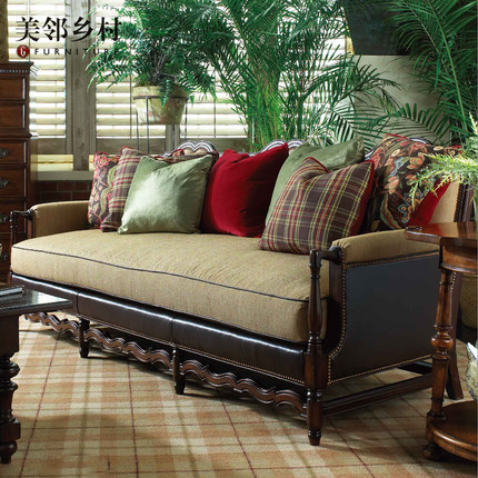 怀旧美式欧式复古全原木布艺牛皮三两人沙发客厅主卧沙发FINE精致