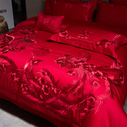 高级感龙凤中式全棉刺绣四件套纯棉婚房出嫁红色床盖喜庆结婚床品