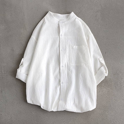 亚麻短袖T恤男士套头夏季圆领中国风立领棉麻布体恤衫白色薄衬衣