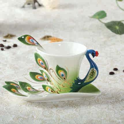 咖啡杯套装欧式家用个性创意结婚礼品孔雀咖啡套具水杯简约珐琅彩