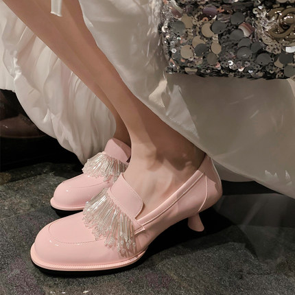 凌子liz小众设计流苏单鞋女2024年新款真皮圆头中跟仙女风高跟鞋
