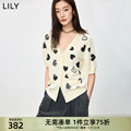 LILY2024夏新款女装趣味设计感爱心印花复古短袖修身针织开衫外套