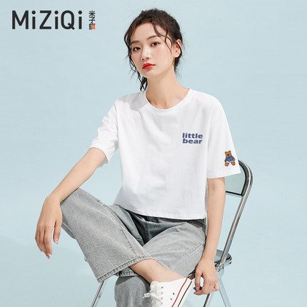米子旗白色圆领短袖t恤女夏款2024新款韩版小个子宽松短款上衣潮
