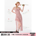 ziziFei夏季设计感小众不规则收腰格纹粉色长款格子吊带连衣裙女