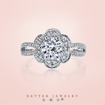 贝特尔 捧花系列求婚戒指女花瓣群镶钻戒 银镀金克拉钻石戒指50分
