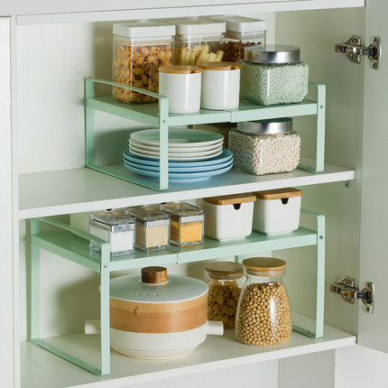 厨房分层置物架可伸缩橱柜内隔板多功能放调味料碗碟锅具收纳架子