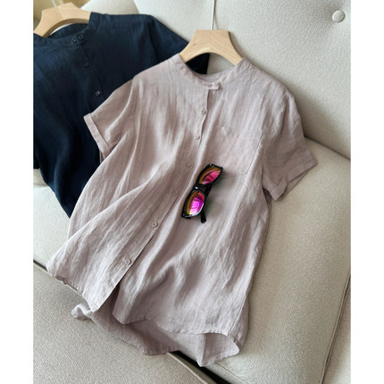 自然的呼吸 圆领苎麻小口袋纯色短袖衬衫单排扣女装上衣透气粉色