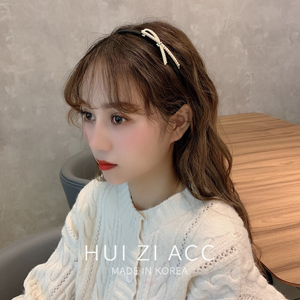 韩国2020新款少女气质简约甜美蝴蝶结珍珠发箍带齿防滑细铁丝头箍