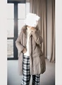 日本AG冬季加厚奶咖色中长款毛领棉衣女纯色修身款通勤保暖棉服