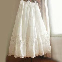 2024春夏季韩版森女森林系棉布蕾丝刺绣镂空荷叶边白色半身裙长裙