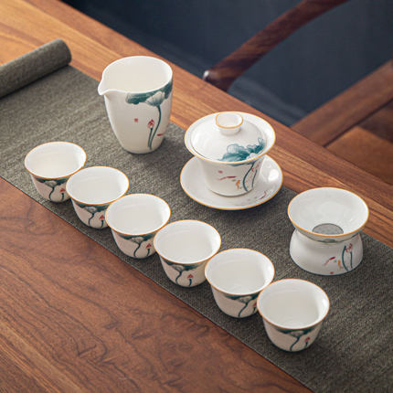 荷花羊脂玉德化白瓷整套10头茶漏功夫茶具盖碗茶杯泡茶品茗杯单杯