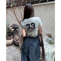 秒发！美式复古2024夏韩国圆领字母数字条纹印花短袖T恤上衣女