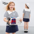 迪士尼夏装女童不规则海军领短袖短裤套装棉质儿童条纹两件套宝宝