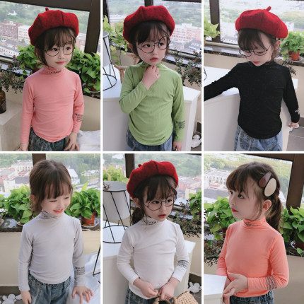 韩版2021秋季中小童纯色新款打底衫  女童图案舒适高领打底衫