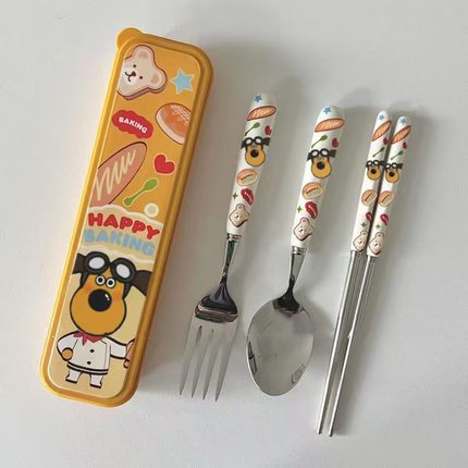 可爱面包狗不锈钢勺子叉子筷子套装便携卡通学生餐具三件套高颜值