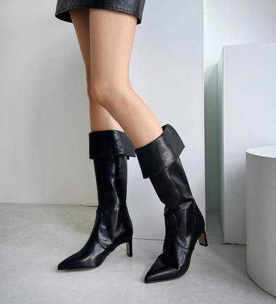 一吻定情韩国MOONT正版代购黑白双色细高跟半开口美腿皮靴子