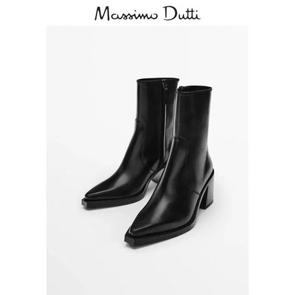 Massimo Duti女鞋2024秋冬季新款黑色尖头方形鞋跟粗高跟真皮短靴