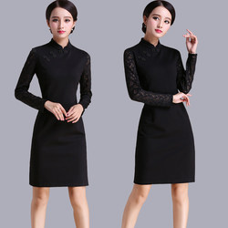 2020秋冬季新款女装复古简单大方黑色修身显瘦长袖改良旗袍连衣裙