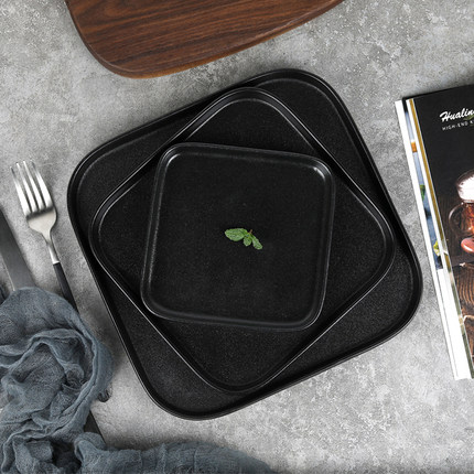 日式纯色磨砂牛排盘简约直身方形陶瓷盘子黑色立边平盘西餐厅餐具
