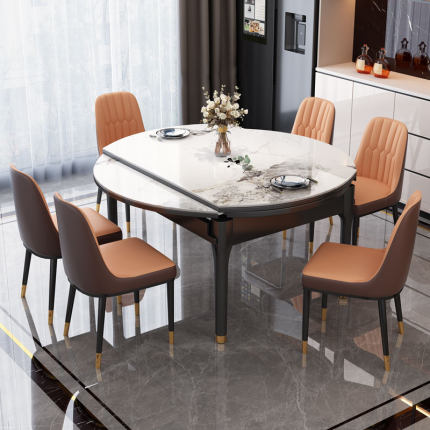 岩板餐桌可伸缩轻奢现代简约实木小户型电磁炉饭桌折叠式可变圆桌