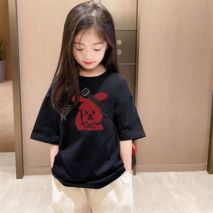 童装女童短袖T恤2024年夏季新款儿童夏装洋气兔子印花上衣网红潮