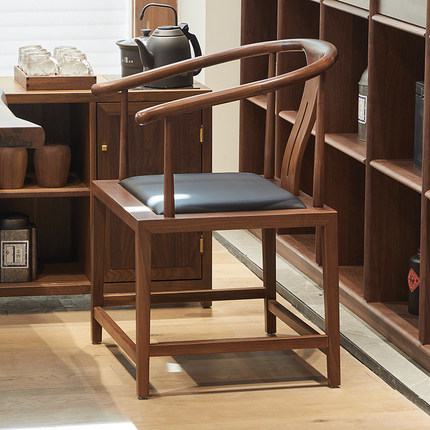 北美黑胡桃木圈椅新中式实木书椅禅意太师椅休闲洽谈茶桌椅子茶椅