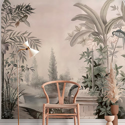 定制复古法式美式壁画背景墙布花鸟植物花卉仿石膏线客厅卧室壁布