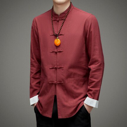 新款亚麻衬衫男士长袖立领中国风唐装棉麻圆领红色高端男款衬衣