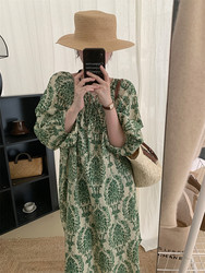 韩国女装绿色碎花灯笼袖连衣裙！2023复古显瘦印花大码宽松长裙
