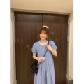 收腰蓝色中长款短袖连衣裙女夏2024韩版度假复古格子a字气质长裙
