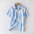 E76-3夏外贸男女多色棉上衣宽松休闲印花沙滩度假风做旧短袖衬衫