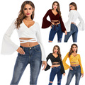 New Style Flared Long Sleeve Sexy V-Neck Expose Navel Women