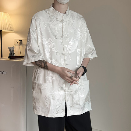 新中式男装白衬衫半袖中国风唐装高级垂感短袖龙暗纹双面外套衬衣